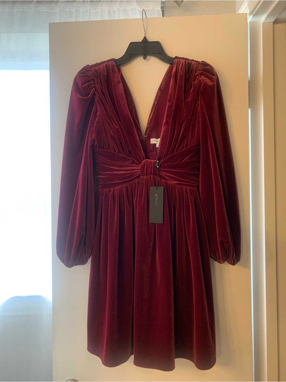Deep Wine Velvet V-Neck Puff Sleeve Mini Dress
